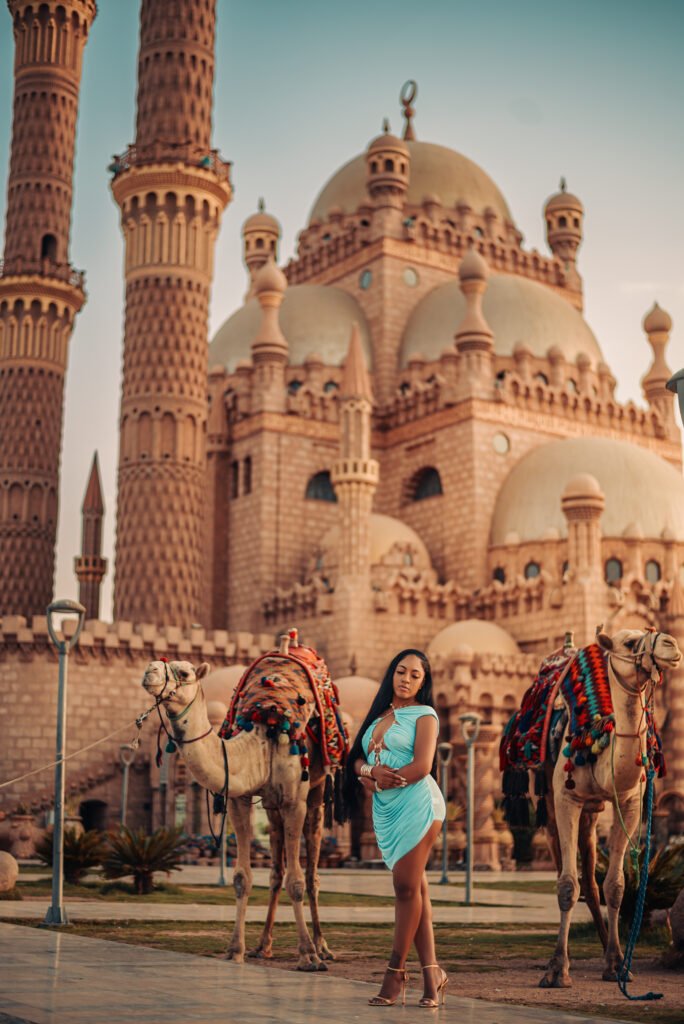 girl in traditional attire during an Old Market photoshoot in Sharm El Sheikh’s bazaar at evening.
